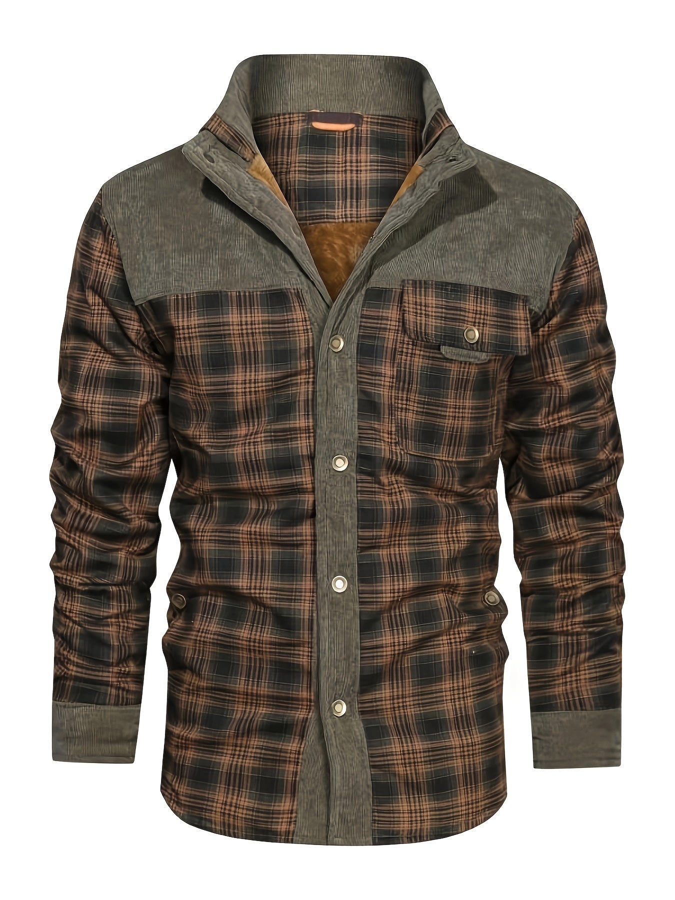 Men's Cozy Fleece-Lined Plaid Jacket - Casual Warm Button-Up Shacket with Chest Pocket, Long Sleeves for Fall/Winter, Polyester, Brown & Gray