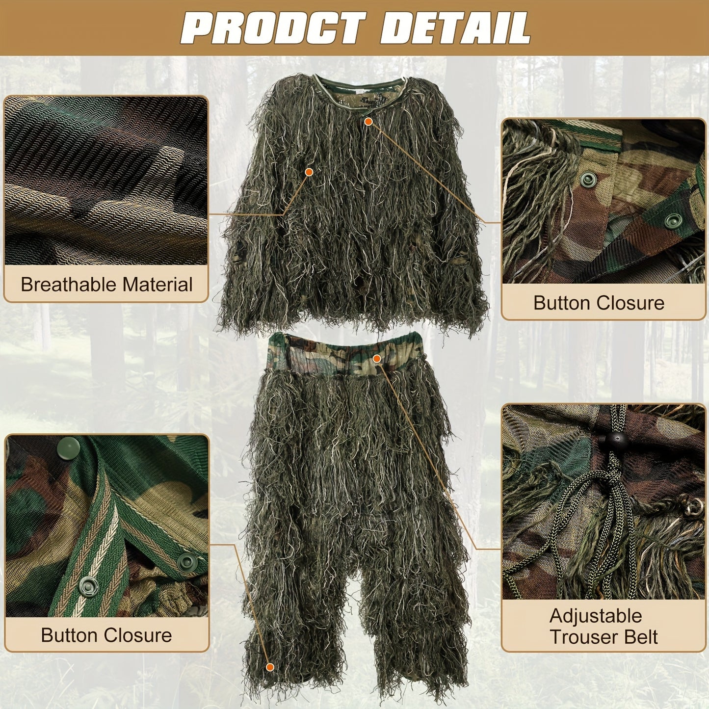 LILYPELLE 5 In 1 Ghillie Suit, 3D Camouflage Hunting Apparel Including Jacket, Pants, Hood, Carry Bag, M-L