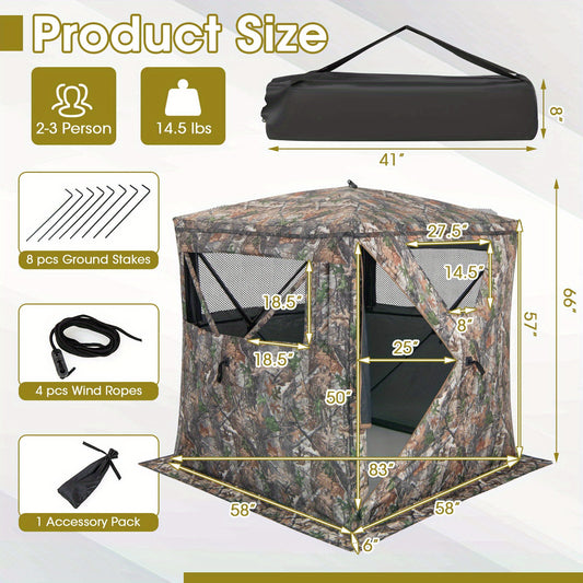 Homasis Hunting Blind Portable Pop Up Ground Tent 2-3 Person w/ Carry Bag Storage Pocket Wilderness Outfiters