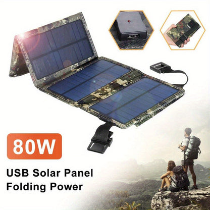 80W USB Solar Panel Folding Power Bank Outdoor Camping Hiking Phone Charger