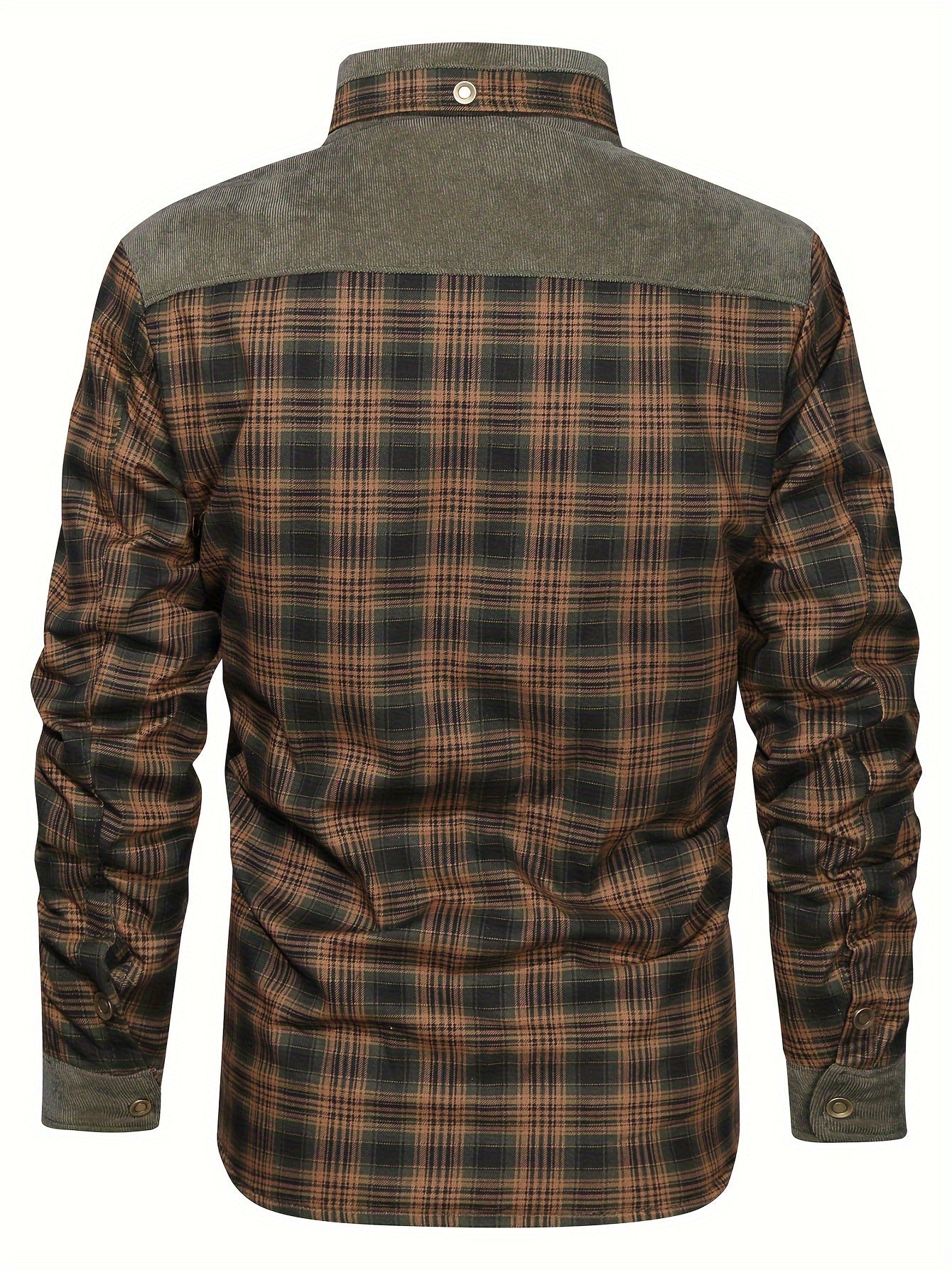 Men's Cozy Fleece-Lined Plaid Jacket - Casual Warm Button-Up Shacket with Chest Pocket, Long Sleeves for Fall/Winter, Polyester, Brown & Gray