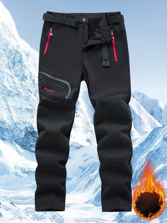 Men'S Winter Outdoor Pants, Windproof Polyester Overalls with Belt, Casual Cropped Straight Leg Trousers, Embroidered Detail, Button Fly, Regular Fit, Mid Waist, Spandex Blend, for Weekend Activities