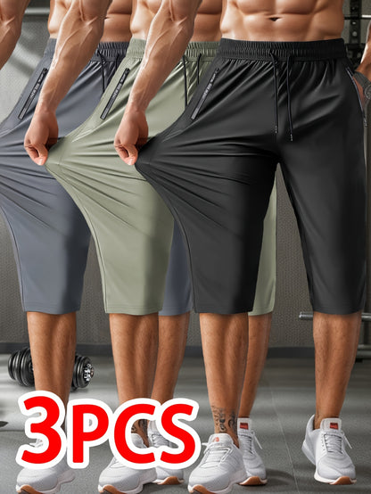 3pcs Casual Active Polyamide Shorts, High Stretch Knit Fabric, Solid Color, Straight Leg, with Pockets, Elastic Waist with Drawstring