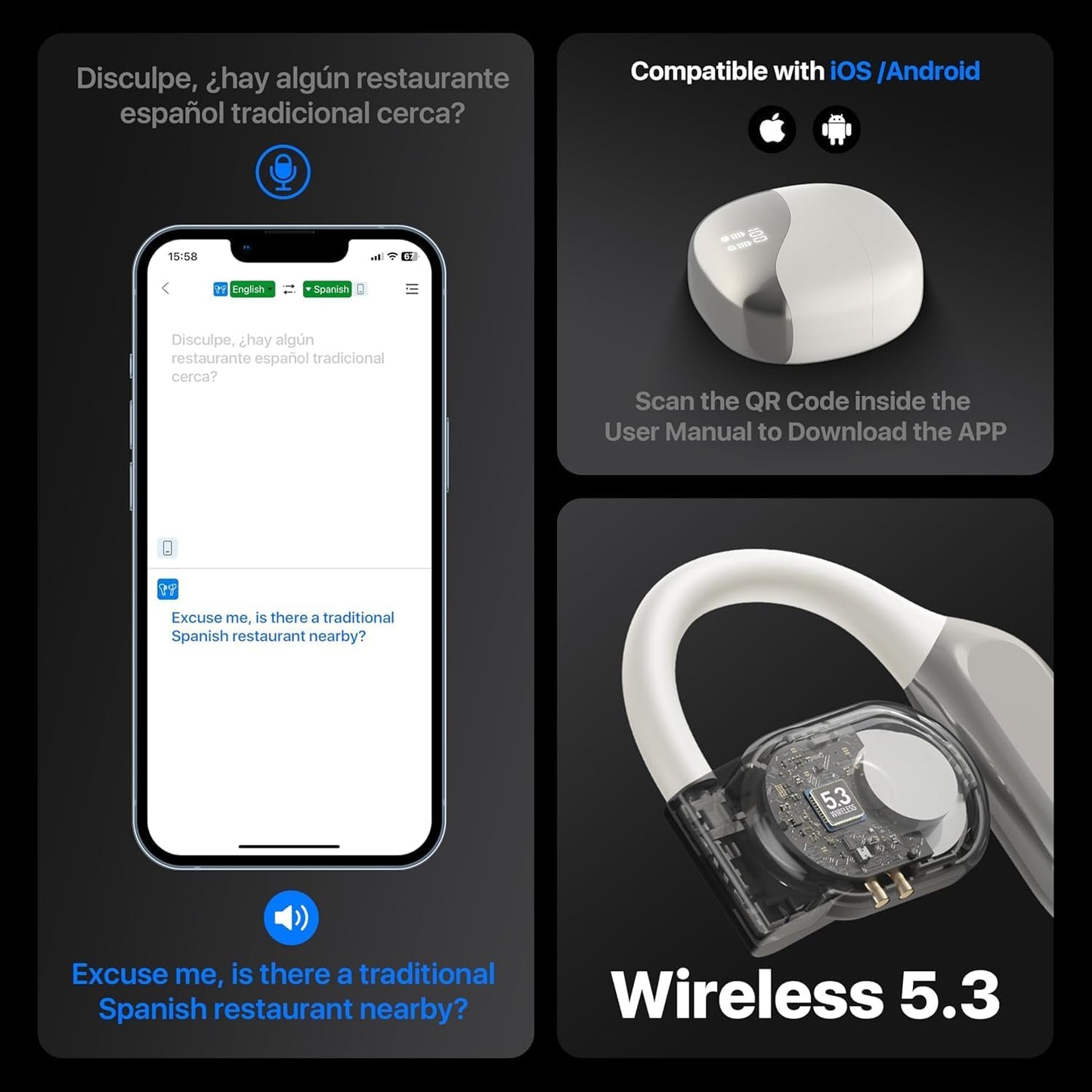 AI OWS Translation Earbuds: 3-in-1 Language Translation Device 144 Languages & Accents Translation in Real Time, with ONE Year Subscription Ideal for Travel Business and Learning, White