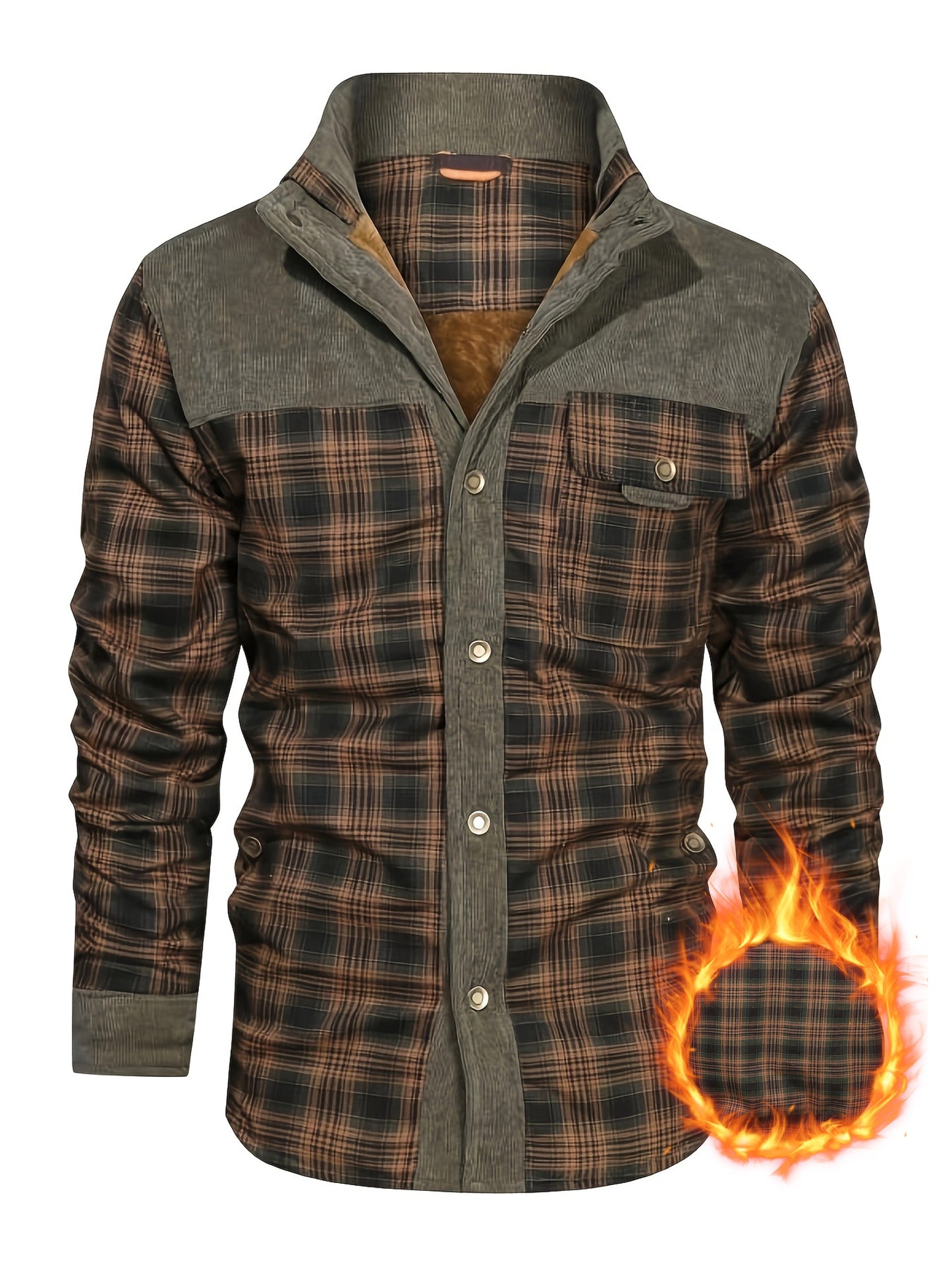 Men's Cozy Fleece-Lined Plaid Jacket - Casual Warm Button-Up Shacket with Chest Pocket, Long Sleeves for Fall/Winter, Polyester, Brown & Gray