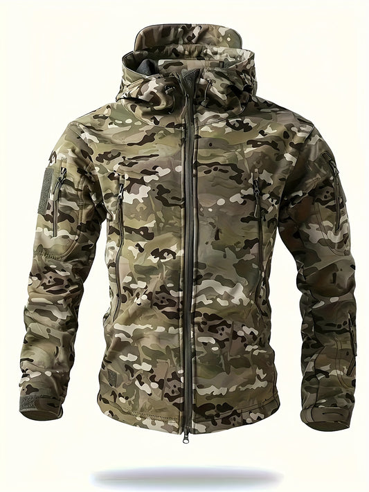 1pc Men's Tactical Softshell Jacket with Hood, Outdoor Military-style Jacket, Multi-zip Pockets, Windproof, Ideal for Hiking and Leisure Travel