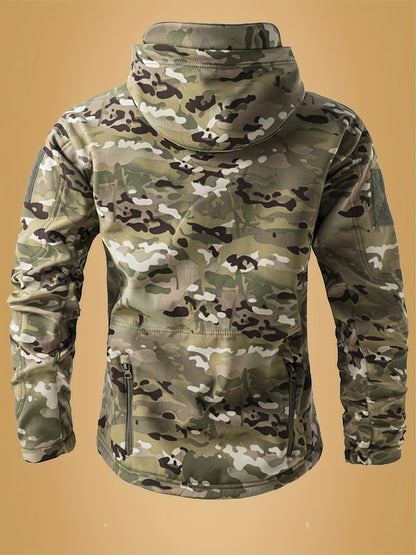 Men's Camouflage Print Softshell Jacket, Multi-Pocket Hooded Coat, Windproof Outdoor Jacket For Hiking And Camping