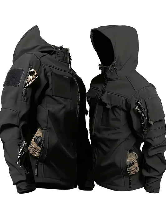 Men's Tactical Jacket with Pockets - Thickened Thermal Hooded Coat for Outdoor Activities, Autumn and Winter, Polyester