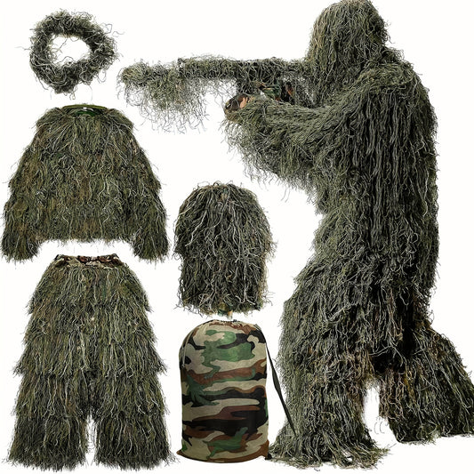 LILYPELLE 5 In 1 Ghillie Suit, 3D Camouflage Hunting Apparel Including Jacket, Pants, Hood, Carry Bag, M-L