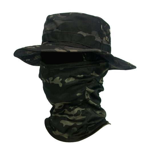 Camouflage Wide Brimmed Hat Balaclava Set Men's Outdoor Sunshade Boonie Cap Foldable Fisherman Hat Fishing Sun Protection Hat