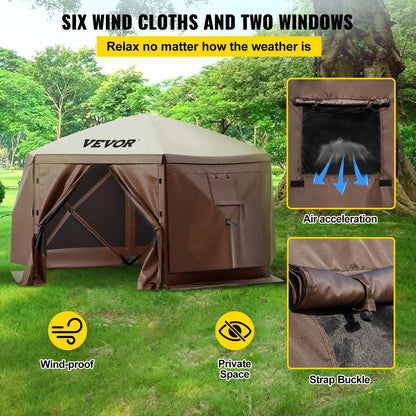 Waterproof Screen Shelter 8 Person Camping 10'x10' w/Portable Storage Bag Camping Gazebo Tent 6 Sided Pop-up Canopy Screen Tent