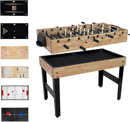 Table - Combination Multi-Game Table with Billiards, Push Hockey, Foosball, Ping Pong, and More - 49.5-Inch - Classic Wood Stain