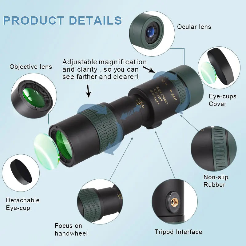 8-24x Zoom Monocular Telescope Stepless Zooming Long Range