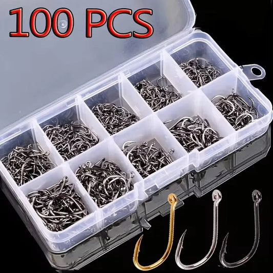 Aorace 100Pcs Fishing Hooks Set Carbon Steel Single Circle Fishing Hook Fly Fishing Jip Barbed Carp Hooks Sea Tackle Accessories