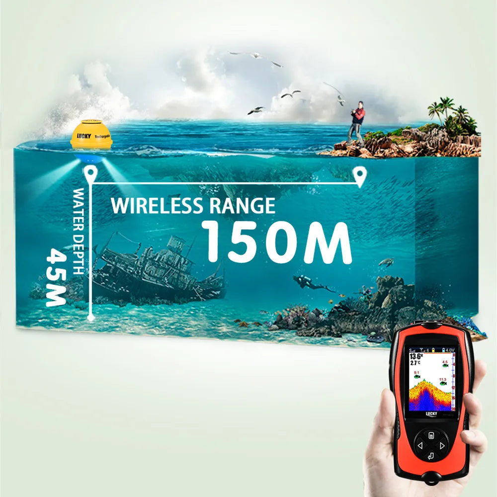 Lucky Sonar Fish Finder FF1108-1CWLA Rechargeable Wireless Sensor 45M Water Depth Echo Sounder Fishing Portable Fish Finder