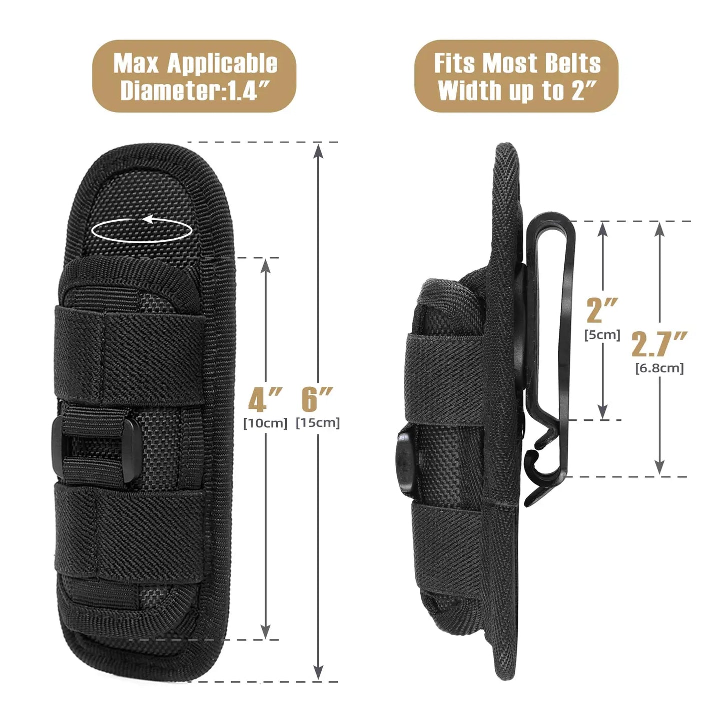 Tactical Flashlight Pouch Holster, Rotatable Holder Belt Clip Tactical Torch Carry Case with 360 Degree Carabiner Reel Clip