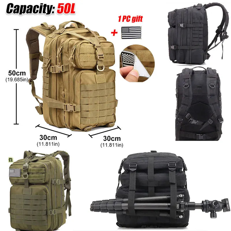 Large Capacity Waterproof Tactical Backpack for Men, 3P Softback, Outdoor Bug Rucksack, Hiking, Camping, Hunting Bags, 50L