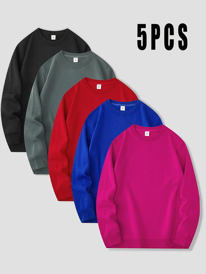 Men's Casual 5pcs Sweatshirt Set - Solid Color, Crew Neck Pullovers for Casual Attire & Sports, Machine Washable