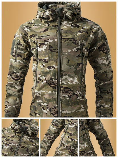 Men's Camouflage Print Softshell Jacket, Multi-Pocket Hooded Coat, Windproof Outdoor Jacket For Hiking And Camping