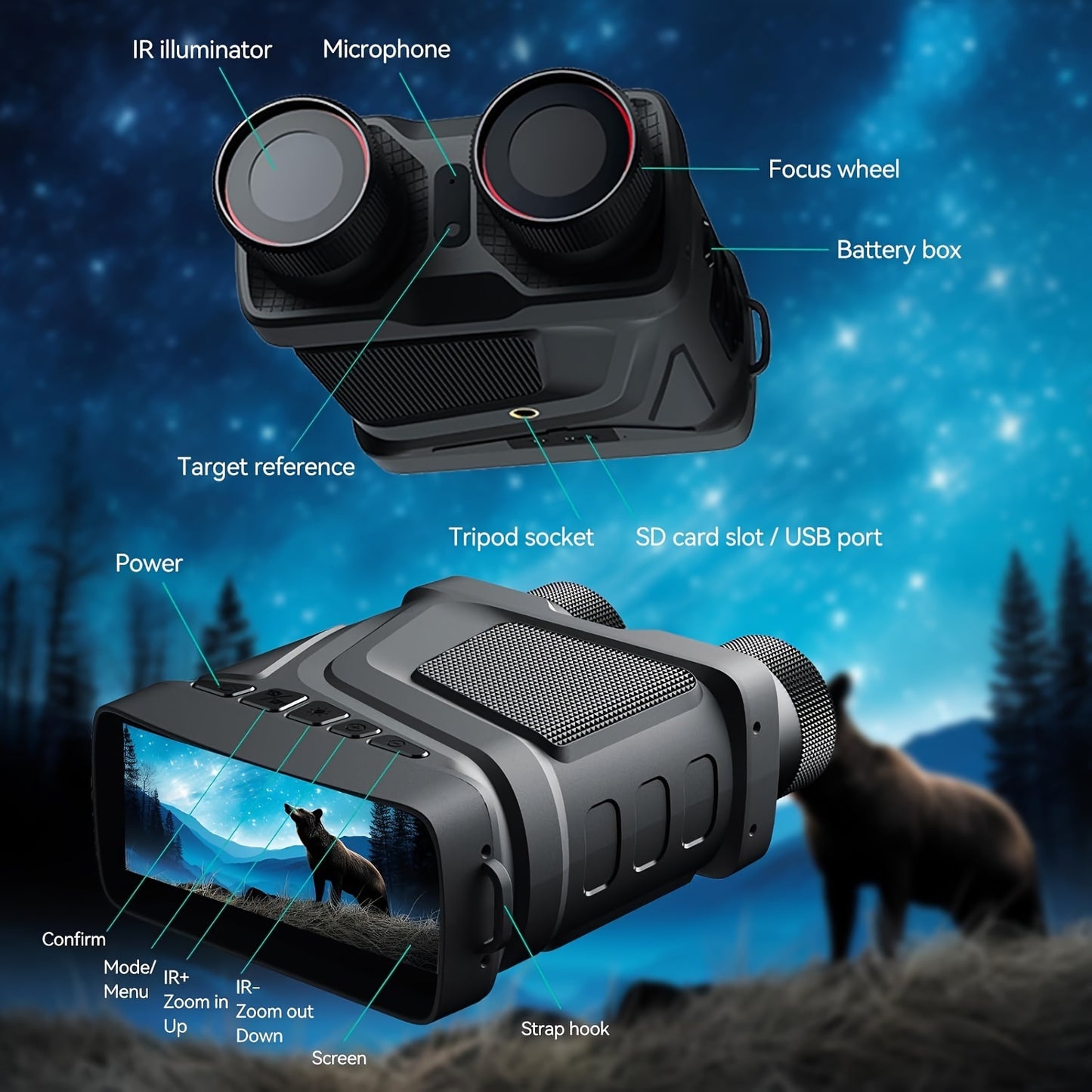 Night vision goggles with 32g card night vision dual tube digital night vision dual tube all black full-color 1080P all black 800m large screen infrared telescope, very suitable for outdoor camping and all black exploration Wilderness Outfiters