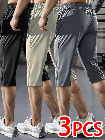 3pcs Casual Active Polyamide Shorts, High Stretch Knit Fabric, Solid Color, Straight Leg, with Pockets, Elastic Waist with Drawstring