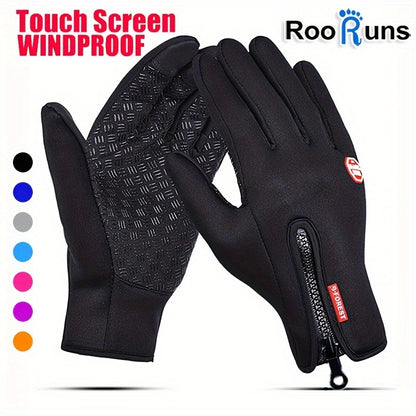 1 Pair ROORUNS Windproof Touch Screen Gloves, Waterproof Warm Fleece Lined Cycling Gloves for Men and Women, Polyester Fiber Outdoor Sports Gloves for Cold Weather, Without Battery